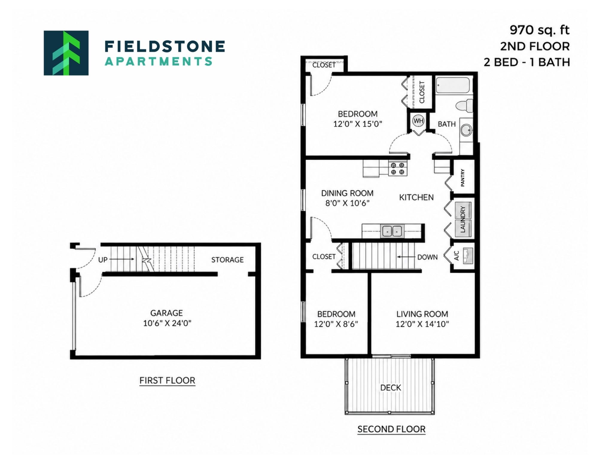 Floor plan for 2 beds, 1 bath, 970 sqft